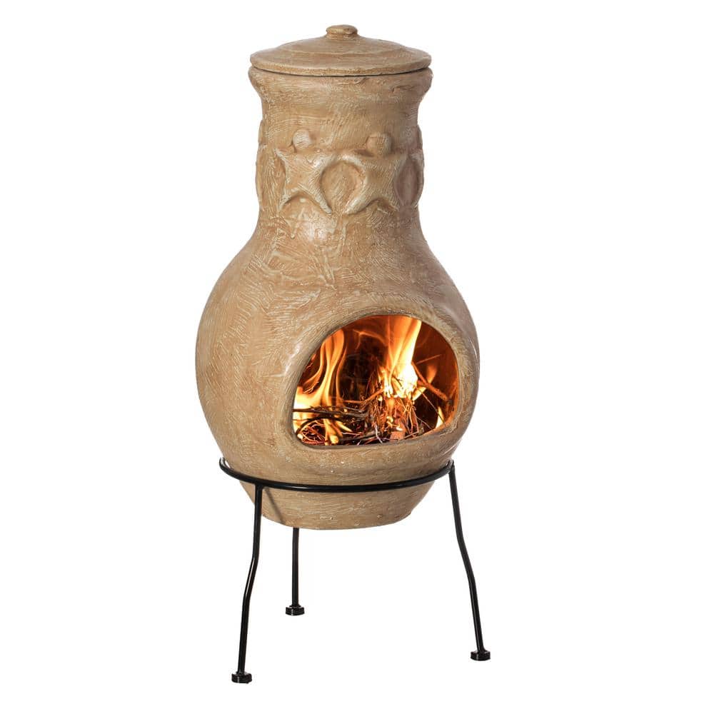 Vintiquewise Indoor and Outdoor Beige Clay Chimenea Maya Design Fire Pit with Metal Stand -  QI004350