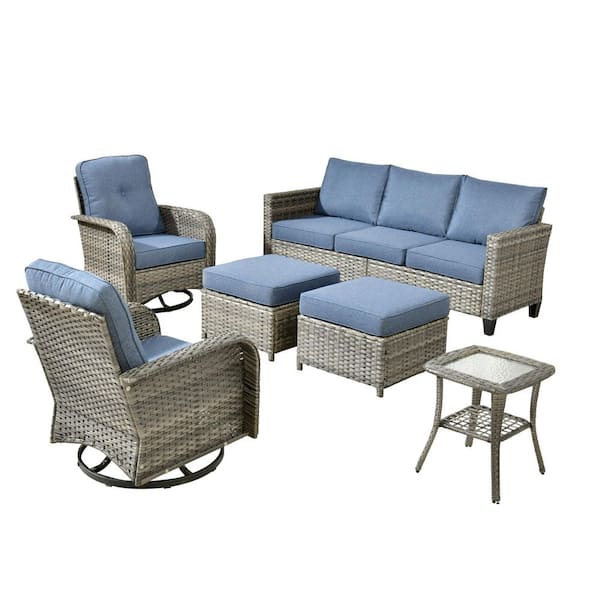 Daphne 6-Piece Wicker Patio Conversation Sofa Seating Swivel Rocking Chairs Set with Ottomans and Denim Blue Cushions