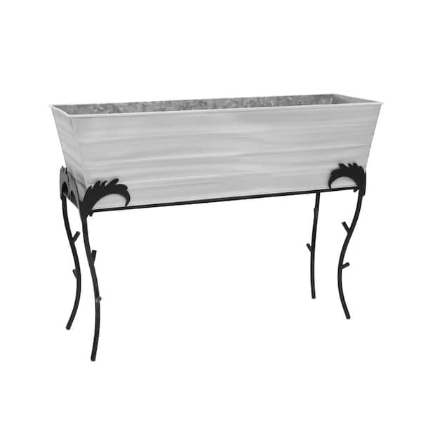 ACHLA DESIGNS 25.75"H Rectangular Cape Cod White, Galvanized Steel Indoor or Outdoor Large Flower Box w/Black Wrought Iron Flora Stand