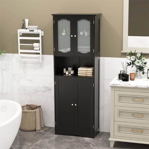Black 64.5 in. Tall Bathroom Cabinet with Tempered Glass Doors and Adjustable Shelves