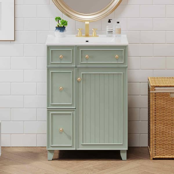 24 in. W Single Sink Freestanding Bath Vanity in Green with White Ceramic Top, 2 Drawers and 1 Door