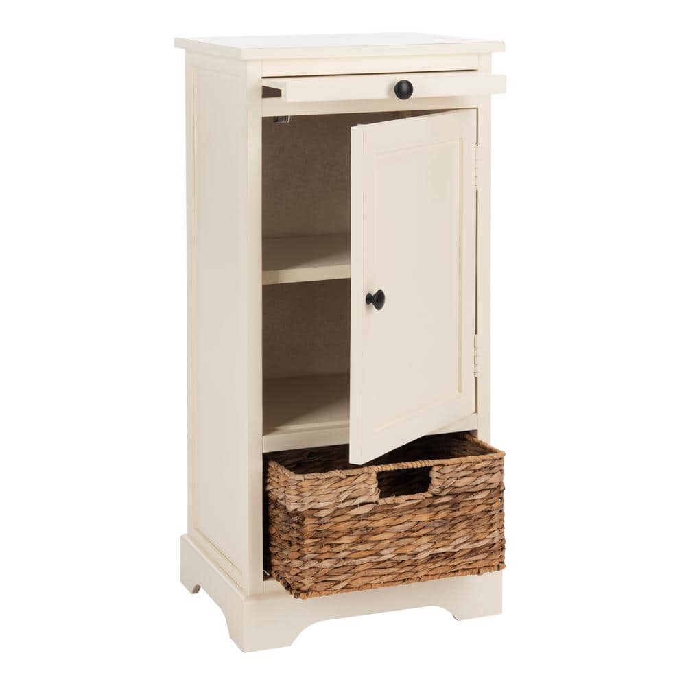 Distressed Cream Pine Wood Tall Accent Cabinet