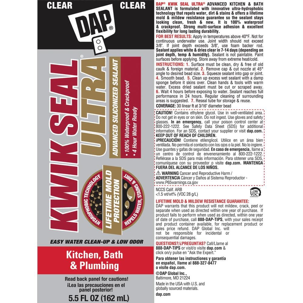 DAP Kwik Seal Ultra Clear Silicone Kitchen and Bath Caulk Sealant 5.5 oz