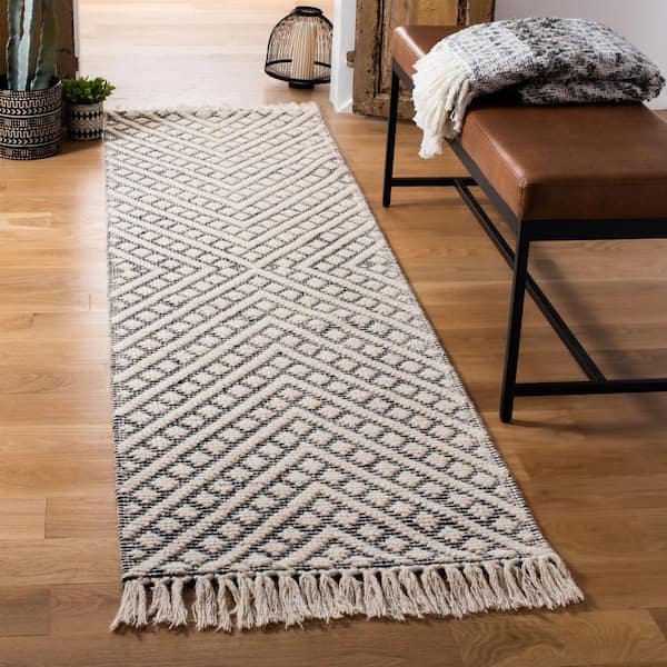 Natura 2 ft. x 10 ft. Ivory/Black Striped Diamonds Runner Rug