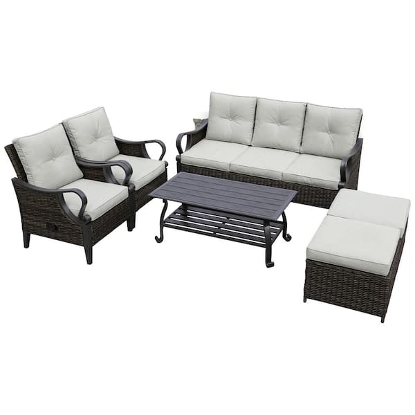 Zeus & Ruta 6-Piece Wicker Outdoor Sectional Sofa with Reclining Backrest, Ottomans, Light Gray Cushions for Balcony, Backyard