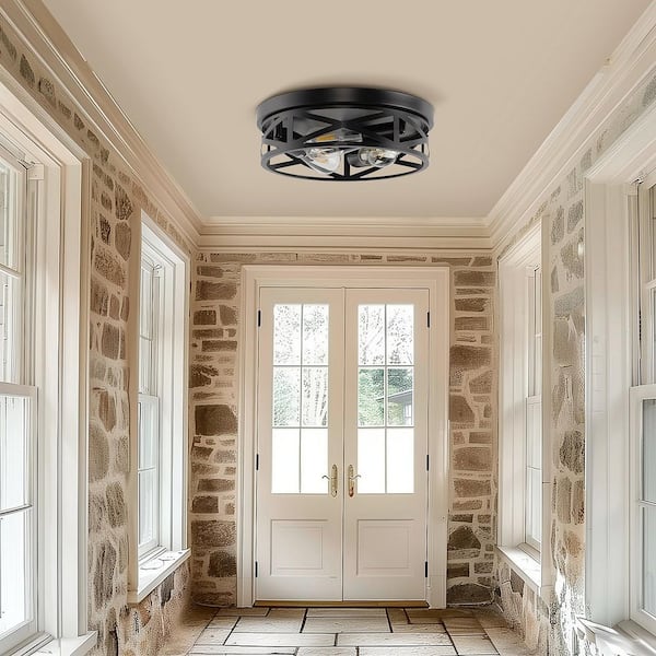 13 in. 3-Light Black Metal Drum Flush Mount Lighting for Hallway