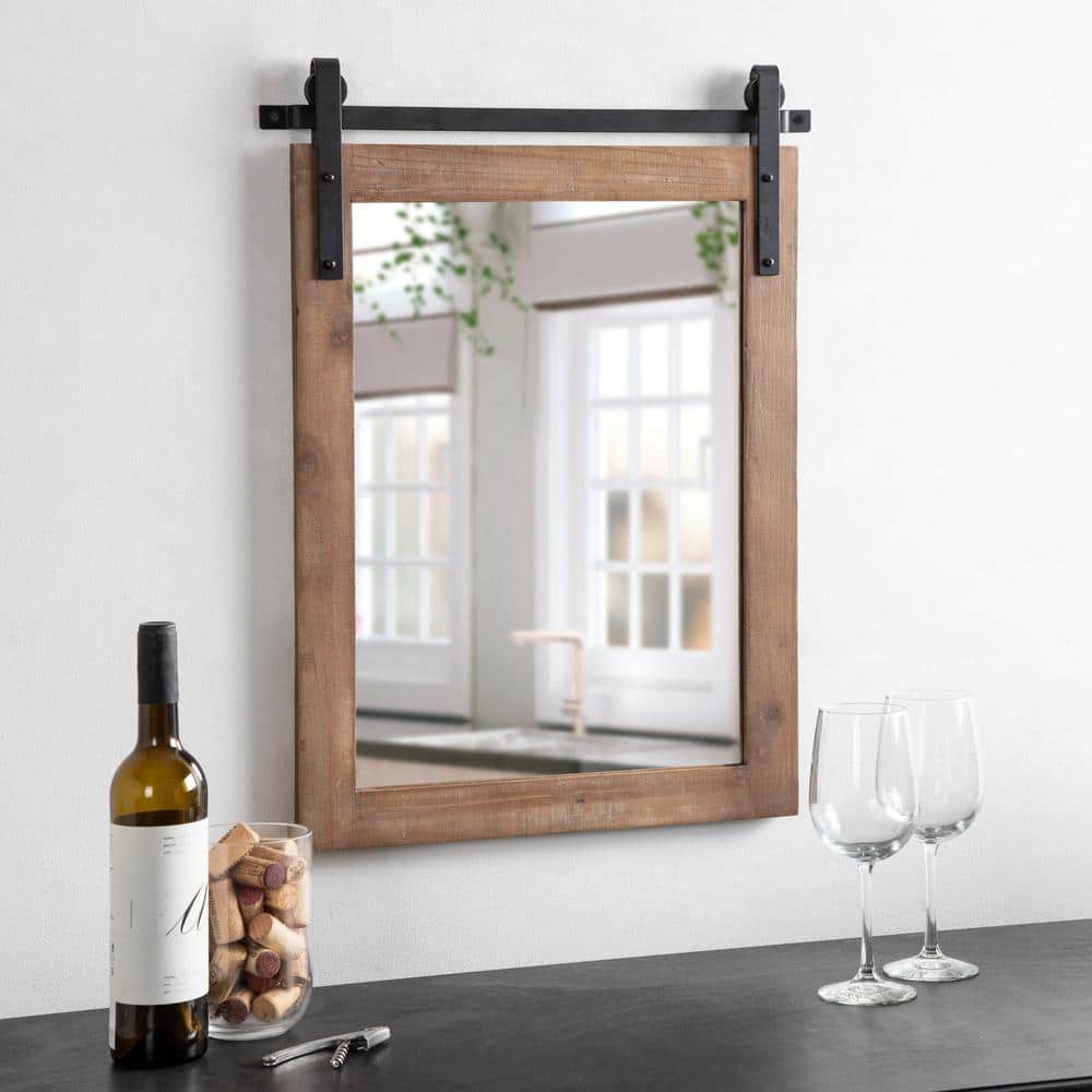 Rustic Brown Wood Framed Rectangular Wall Mirror with Metal Brackets