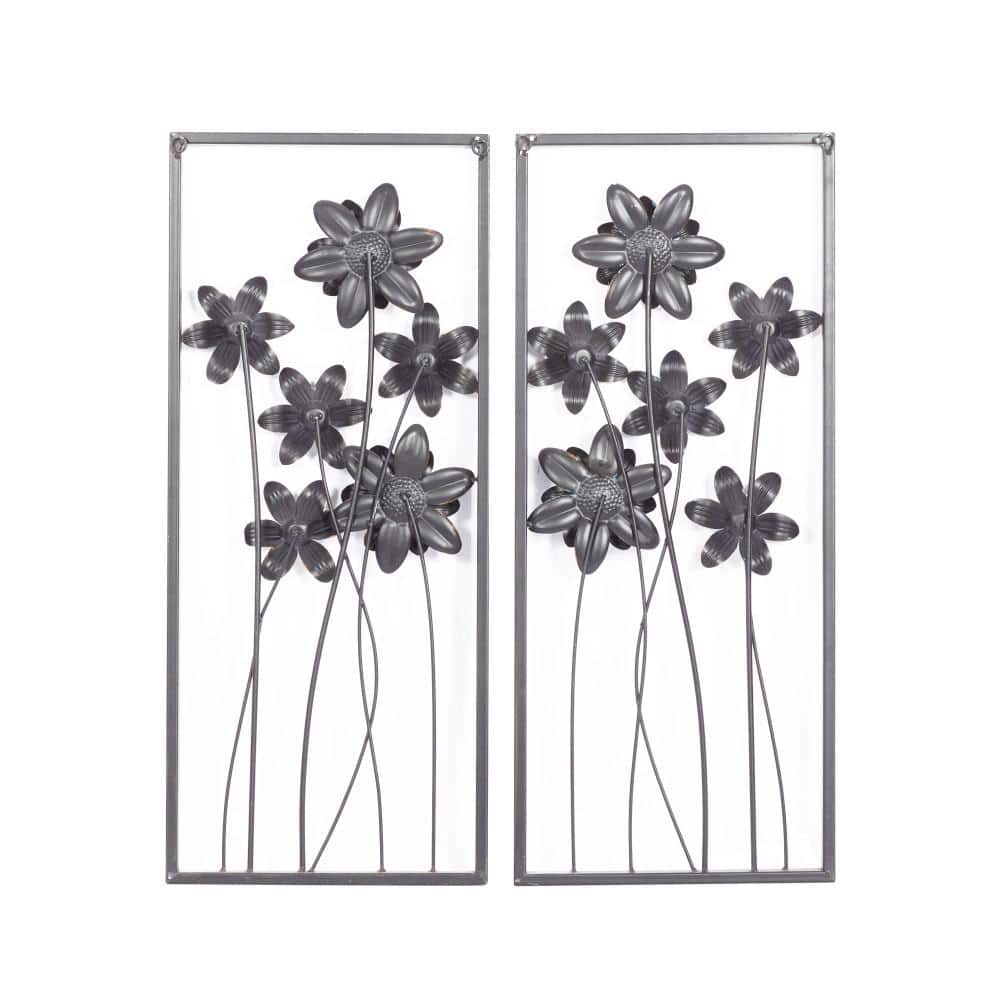 Elegant Gray and Blue Floral Metal Wall Sculptures (Set of 2)