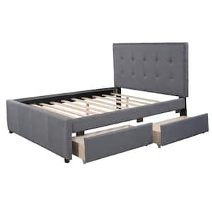 Gray Full Size Linen Upholstered Wood Platform Bed With Headboard and 2 Drawers