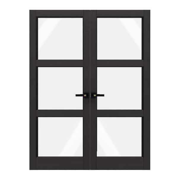 48 in. x 80 in. MDF Composite, PVC Covering, Black, 3 Lite, Clear Glass Interior Door Slab With Black Lever Handle