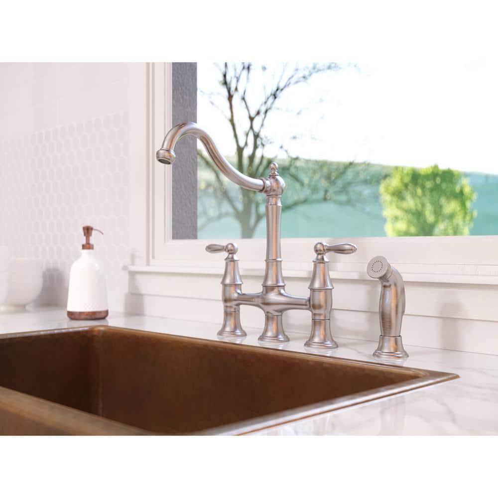Stainless Steel Double Handle Bridge Kitchen Faucet with Side Sprayer