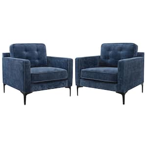 Navy Blue Fabric Upholstered Single Sofa Chair Modern Accent Armchair with Black Metal Legs Set of 2