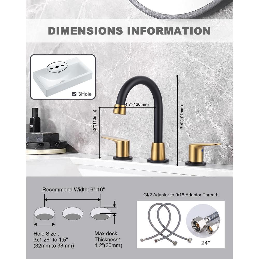 Matte Black and Gold Widespread Bathroom Faucet with High Arc Spout