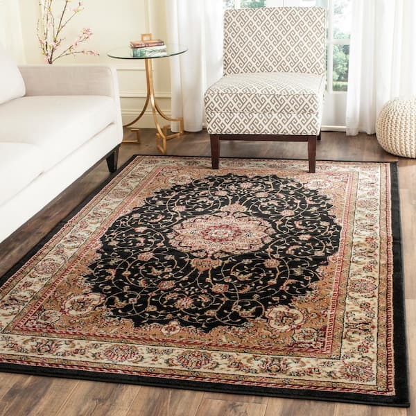 Lyndhurst Black/Ivory Doormat 3 ft. x 5 ft. Floral Border Antique Area Rug