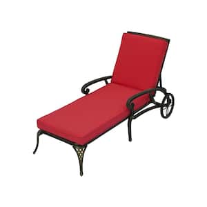Antique Bronze Cast Aluminum Outdoor Chaise Lounge with Wheels Adjustable Reclining and Red Cushion