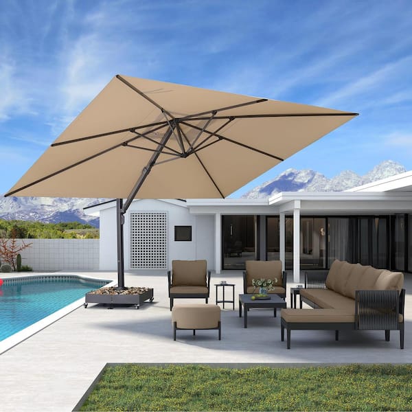 11 ft. x 15 ft. Large Windproof Aluminum Outdoor Cantilever offset 360° Rotation Patio Umbrella with Base, Beige