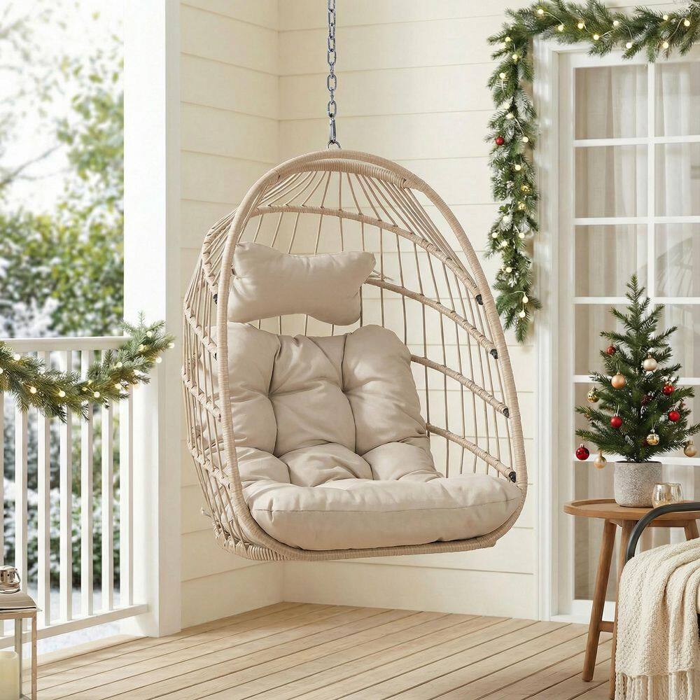 1-Person Outdoor Steel Wrapped with Beige Wicker Hanging Egg Chair Without Stand Patio Porch Swing with Beige Cushion price history on PriceWatchPro
