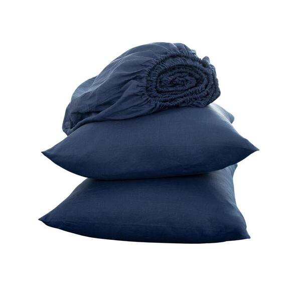 HomeRoots 4-Piece Navy Blue Solid Color Linen Full Sheet Set