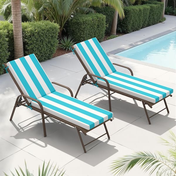 2-Piece Aluminum Outdoor Reclining Adjustable Chaise Lounge in Brown with Patio Cushions in Blue and White Stripe