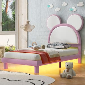 White and Pink Wood Frame Twin Szie Platform Bed with LED Light Strips