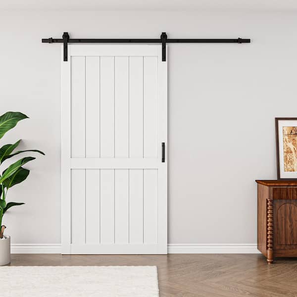 42 in. x 84 in. White Paneled H Style White Primed MDF Sliding Barn Door with Hardware Kit and Soft Close