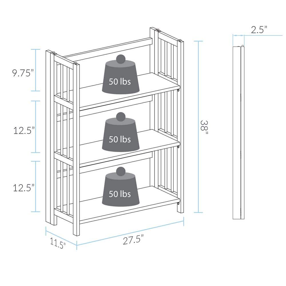 Elegant White Solid Wood 3-Shelf Stackable Folding Bookcase