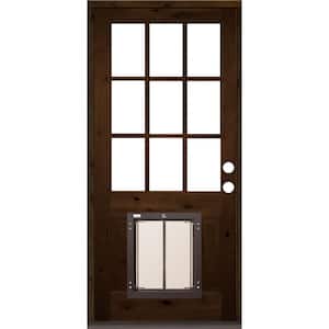 36 in. x 80 in. Left Hand 9-Lite Clear Glass Provincial Stained Wood Prehung Door with Large Dog Door