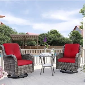 3-Piece Wicker Patio Conversation Set with Red Cushions All-Weather Swivel Rocking Chairs