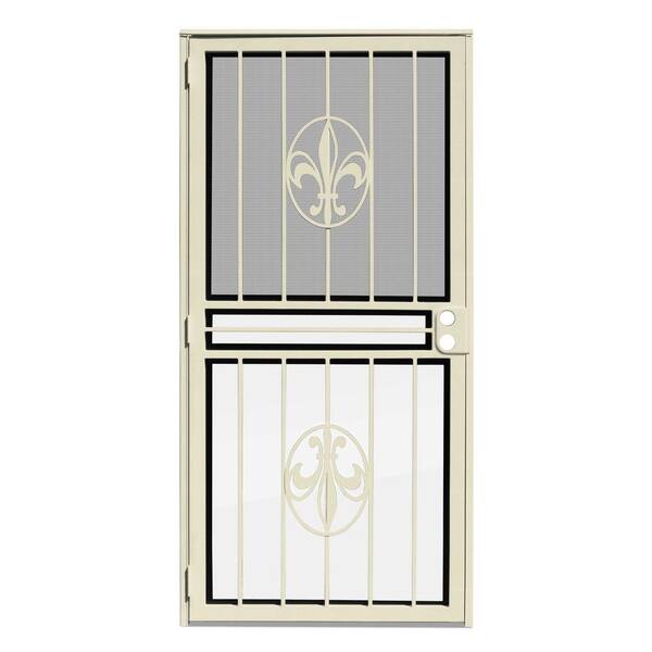 Unique Home Designs 30 in. x 80 in. Fleur de Lis Almond Recessed Mount All Season Security Door with Insect Screen and Glass Inserts