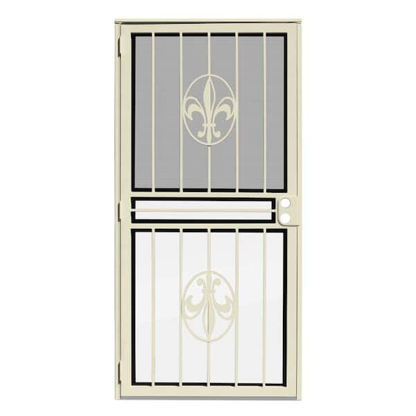 Unique Home Designs 36 in. x 80 in. Fleur de Lis Almond Recessed Mount All Season Security Door with Insect Screen and Glass Inserts