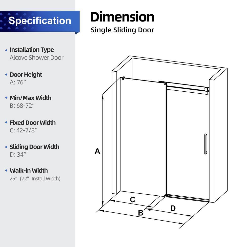 72'' Matte Black Frameless Sliding Shower Door with Clear Glass