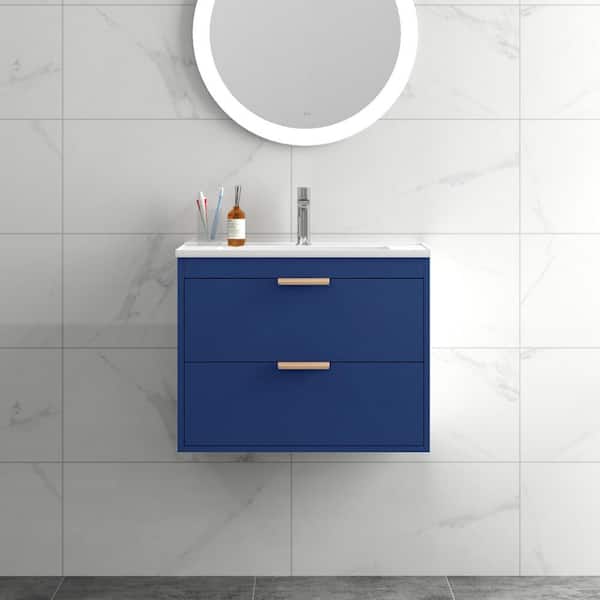 JimsMaison 24 in. W x 18 in. D x 19 in. H Single Sink Wall-Mounted Bath Vanity in Blue with White Ceramic Top
