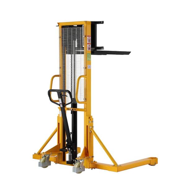 Manual Lift Pallet Stacker 1100 lbs. Hand Straddle Stacker with 63 in. Max Lift Adjustable Forks