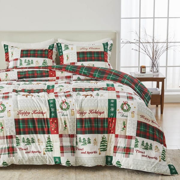 Red Reversible Down Alternative Microfiber Comforter Set, Twin / Twin XL, Holiday Patchwork