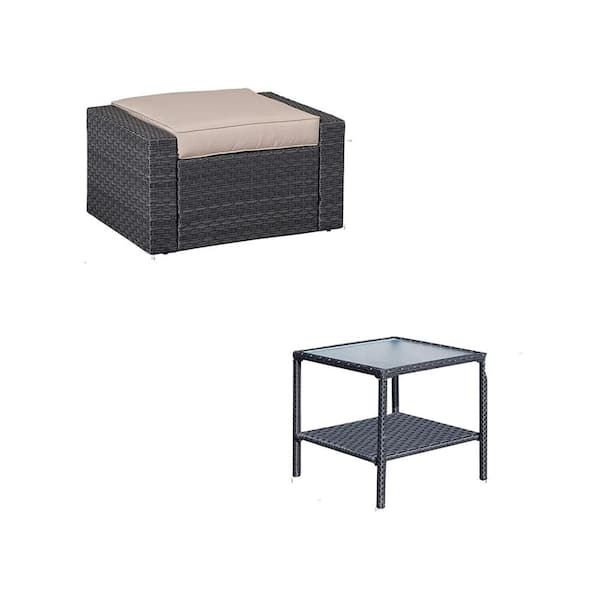 Unbranded 3-Pieces Wicker Patio Conversation Set, Footstools and Ottomans Small Furniture, With Coffee Table and khaki Cushions