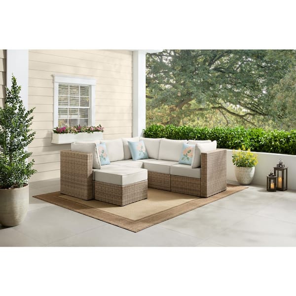 Crystal Ridge Wicker Outdoor 6-Piece Modular Sectional Set with Almond CushionGuard Cushions