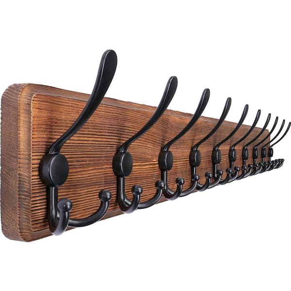 38.6 in. W x 4.3 in. D Brown Black Coat Rack Wall Mount with 10-Triple Hooks Decorative Wall Shelf