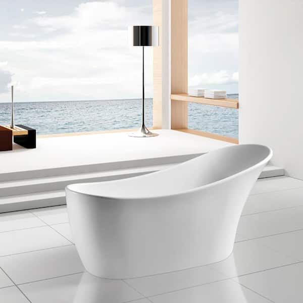 AKDY 63 in. Acrylic Reversible Drain Oval Slipper Flatbottom Freestanding Bathtub in White