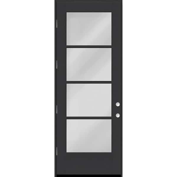 Steves & Sons Legacy 30 in. x 96 in. Icon 4-Lite Modern Clear Glass LHOS Black Fiberglass Prehung Front Door with 4-9/16 Jamb