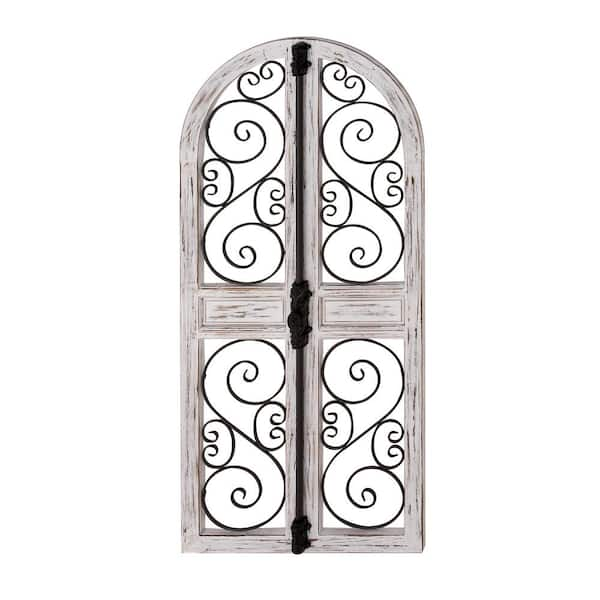 Gray Wood Distressed Door Inspired Ornamental Scroll Wall Decor with Metal Wire Details - Grey