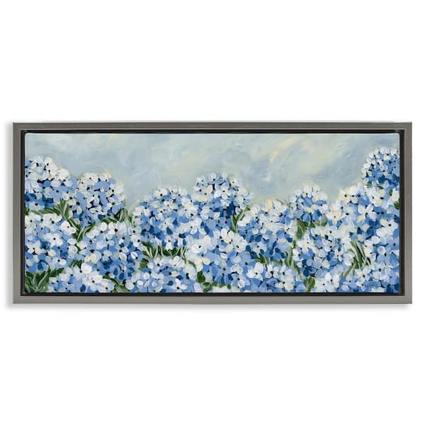 Blue Hydrangea Meadow by Yvette St. Amant Gray Floater Frame Nature Graphic Art Print 14 in. x 31 in.
