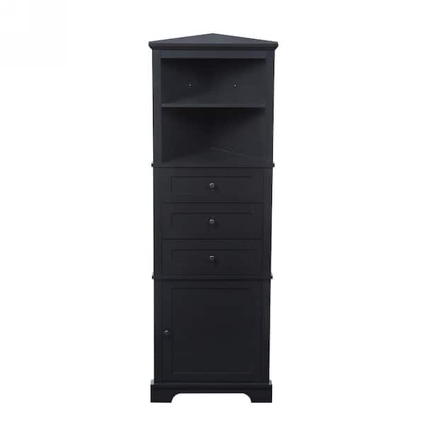 23 in. W x 13.4 in. D x 69 in. H Black MDF Freestanding Triangle Linen Cabinet with Door, Adjustable Shelf, 3 Drawers