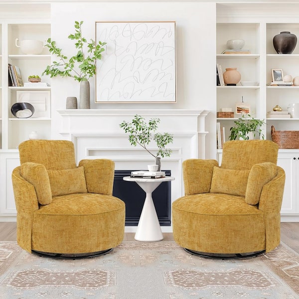 Nova Ginger Chenille Fabric Upholstered 360° Swivel Accent Chair Metal Base Barrel Chair with Pillow (Set of 2)