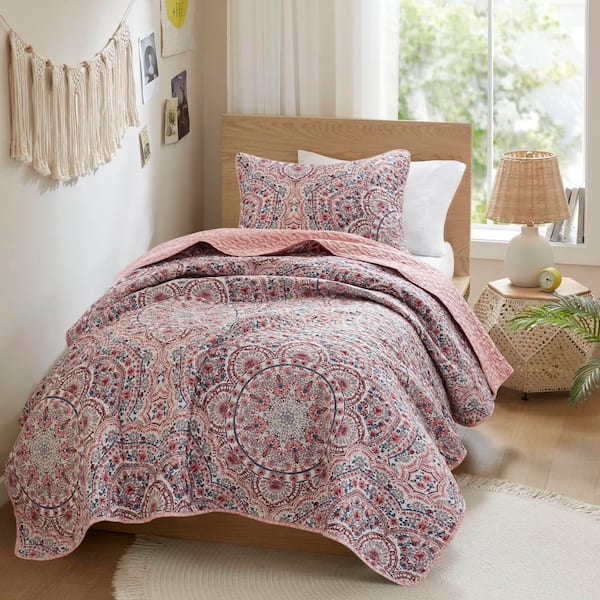 Valerie 2-Piece Pink Polyester Twin Boho Floral Reversible Quilt