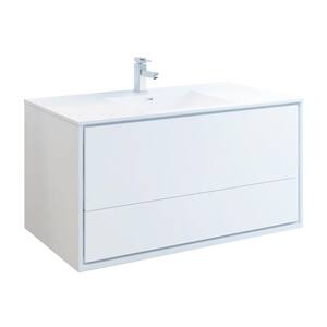 Catania 48 in. Modern Wall Hung Bath Vanity in Glossy White with Vanity Top in White with White Basin