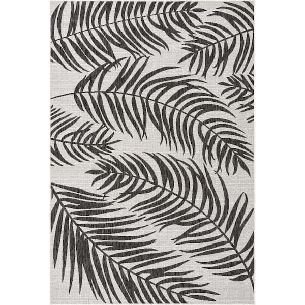 Unique Loom Outdoor Botanical Palm Charcoal Ivory 6 ft. 1 in. x 9 ft. Area Rug