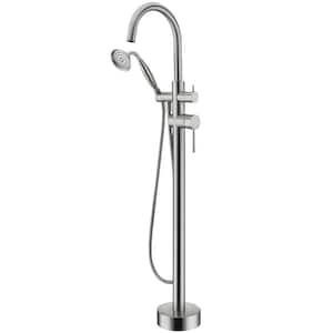 2-Handle Floor-Mount Freestanding Tub Faucet with Hand Held Shower in. Brushed Nickel