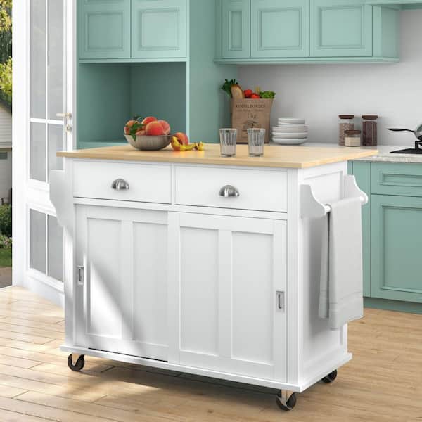 Ziyudura White Drop Leaf Wood Top 52 in. Kitchen Island Cart with Sliding Door, 4 Wheels, Storage Cabinet and 2 Drawers