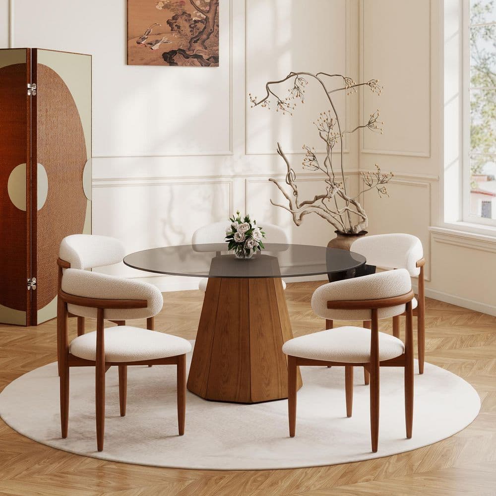 Magic Home Modern 53.15 in. Black Round Tempered Glass Tabletop Dining  Table with Walnut Pedestal Base (Seats 6) MH-A-D16G-AT1B - The Home Depot, image size:1000x1000