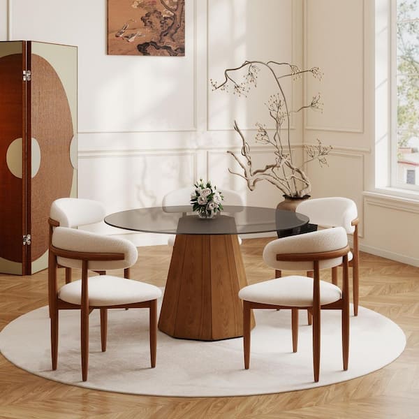 Modern 53.15 in. Black Round Tempered Glass Tabletop Dining Table with Walnut Pedestal Base (Seats 6)
